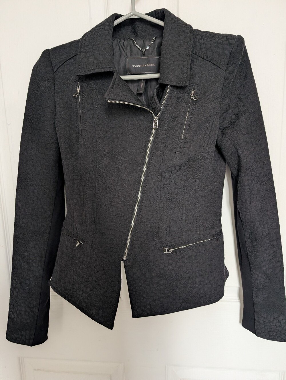 BCBGMaxAzria Black Textured Asymmetrical Moto Jacket